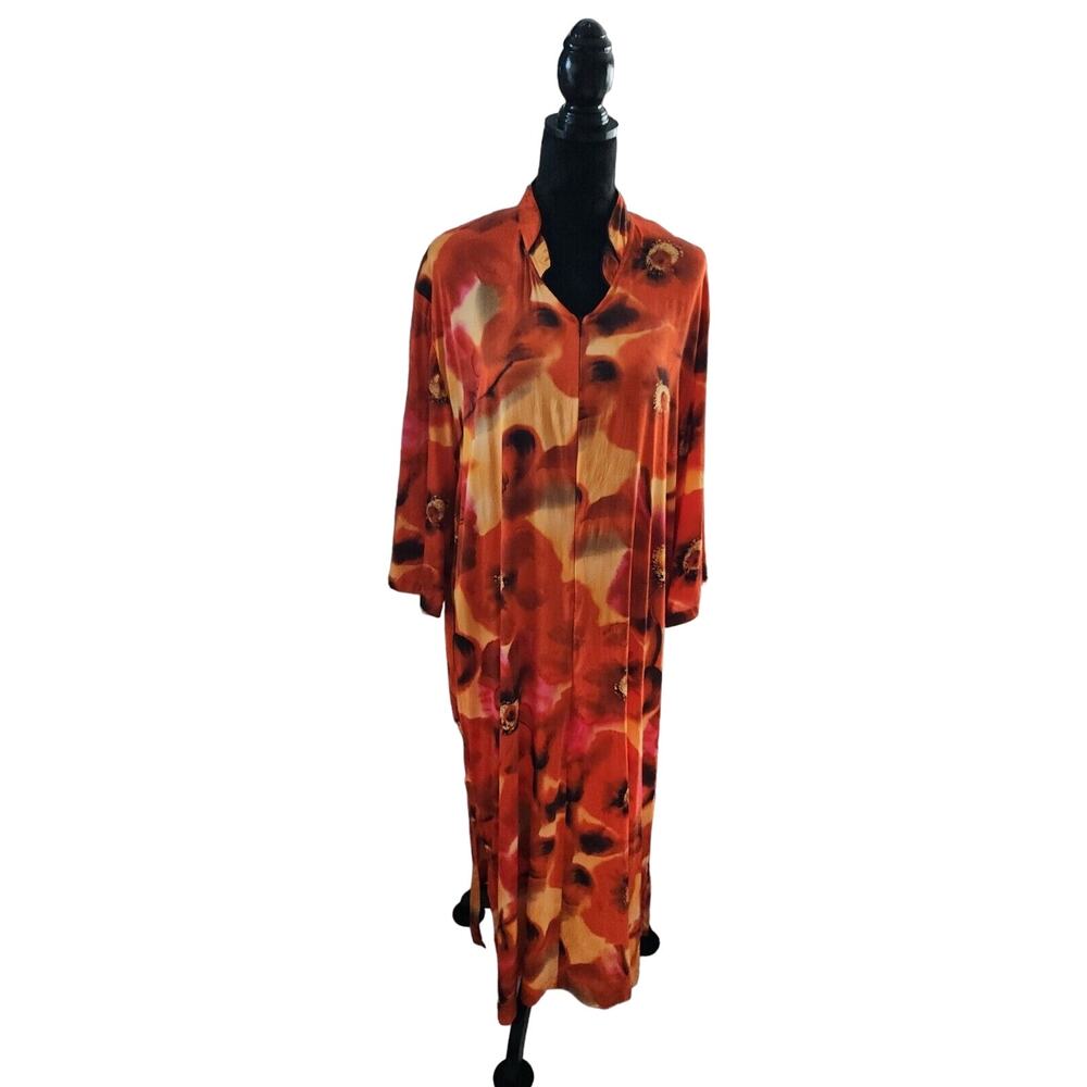 Fernando Sanchez Silk Caftan House Dress Kimono 35th Anniversary Nwt M Orange